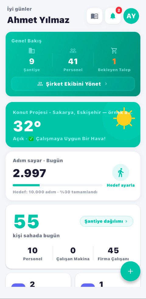 FieldApp ana sayfa: genel bakış, hava durumu ve adım sayar