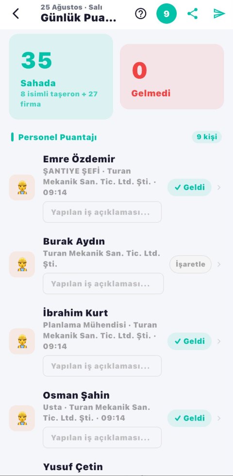 FieldApp personel listesi ekranı